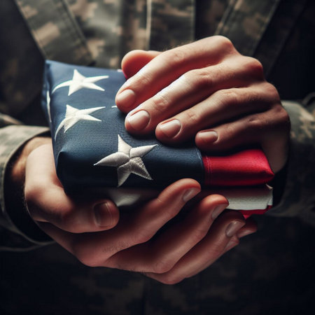 A close-up shot of a hand holding a folded American flagの素材