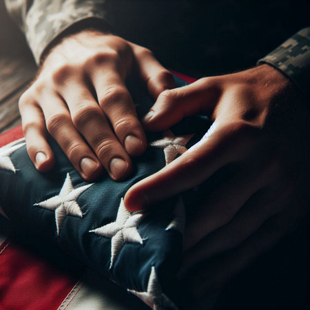 A close-up shot of a hand holding a folded American flagの素材