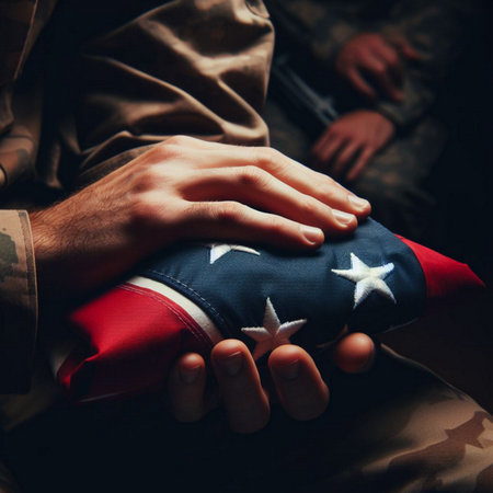 A close-up shot of a hand holding a folded American flagの素材