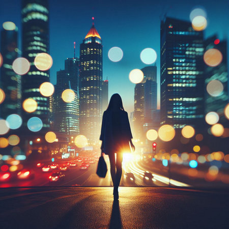 Rear view of young person walking on city street with round lights. Future concept.の素材