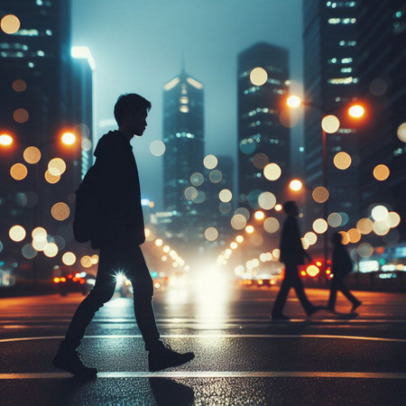 Rear view of young person walking on city street with round lights. Future concept.の素材