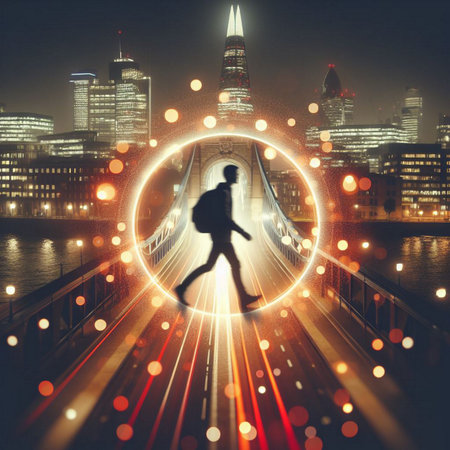 Rear view of young person walking on city street with round lights. Future concept.の素材
