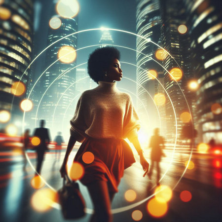 Rear view of young person walking on city street with round lights. Future concept.の素材