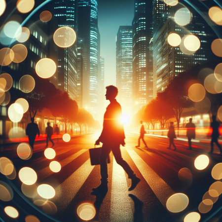 Rear view of young person walking on city street with round lights. Future concepts.の素材