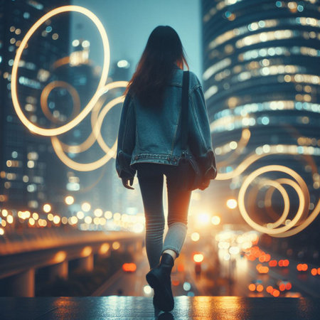 Rear view of young person walking on city street with round lights. Future concepts.の素材