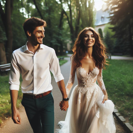 gorgeous wedding couple walking in the park on their wedding dayの素材