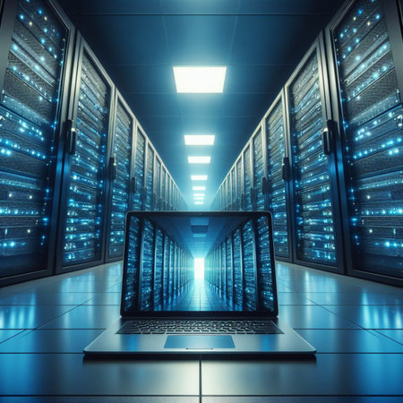 Server room data center. Backup, mining, hosting, mainframe, farm and computer network. 3d renderの素材