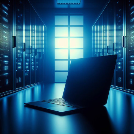 Laptop in a server room. 3d rendering toned imageの素材