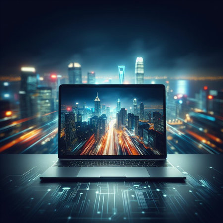 Laptop with modern cityscape at night. 3D Renderingの素材