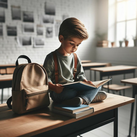 Cute schoolboy is reading a book while sitting at the table in the classroomの素材