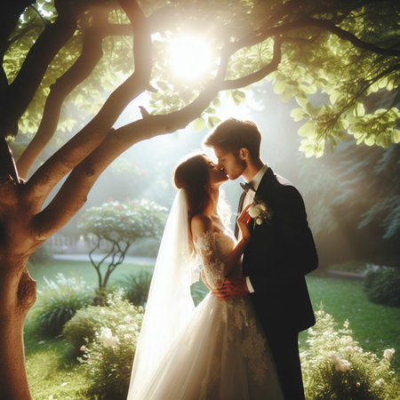 Bride and groom embracing in the park at sunset. Wedding couple.の素材