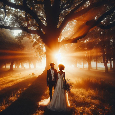 Wedding couple in the forest. Bride and groom at sunsetの素材