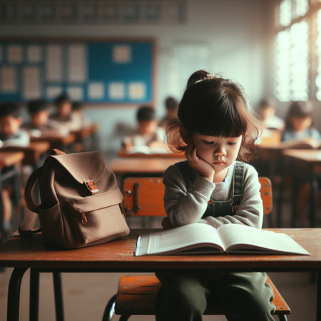 Portrait of little Asian girl reading book while sitting in classroom.の素材