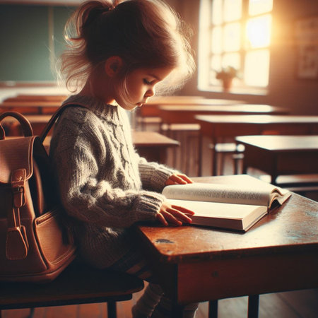 Little girl reading a book sitting in a cafe with a backpack.の素材
