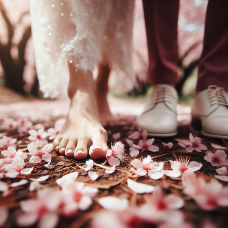 bride and groom on the background of cherry blossoms in springの素材