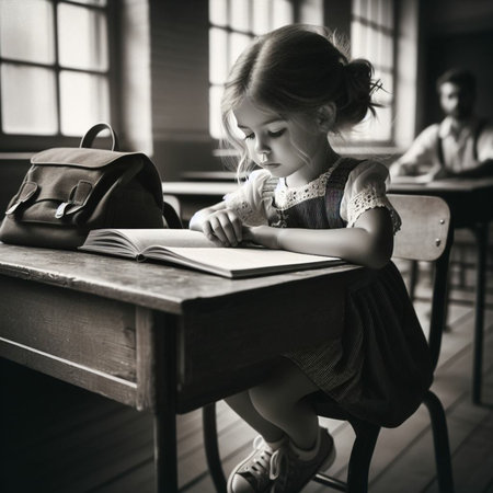Cute little girl sitting at a school desk and reading a bookの素材