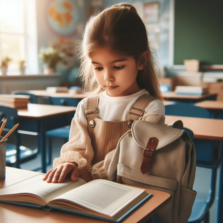 Cute little girl is reading a book while sitting in the classroom.の素材
