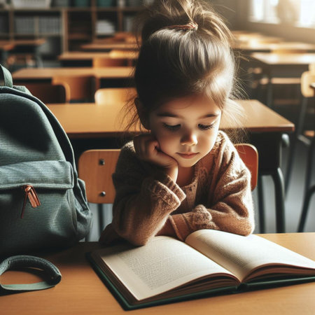 Cute little schoolgirl sitting in a classroom and reading a bookの素材