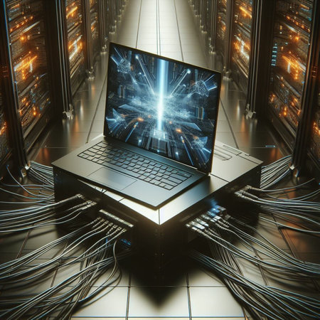 Laptop with servers in the background. 3d rendering. Computer digital image.の素材