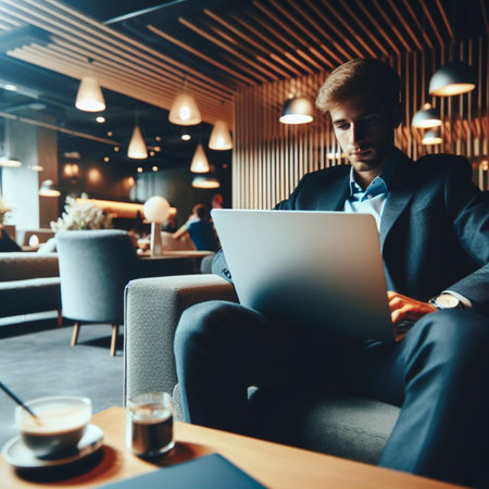 Handsome businessman using laptop in cafe. Businessman sitting at table with laptop.の素材