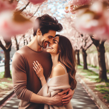 Happy young couple in love walking in spring blooming garden. Romantic date.の素材