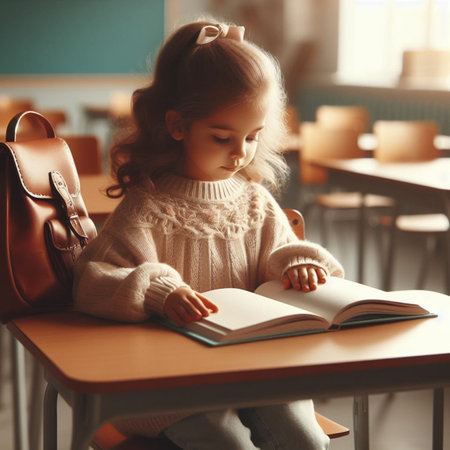 Little girl sitting at table in cafe and reading book. Education conceptの素材