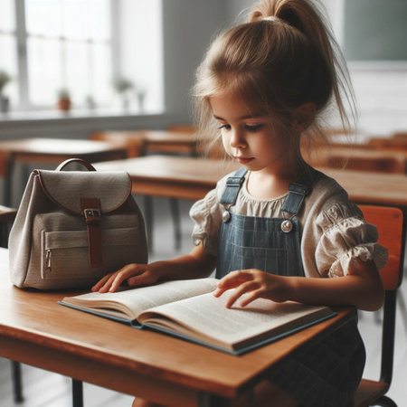 Cute little girl is reading a book while sitting at a desk in a classroomの素材