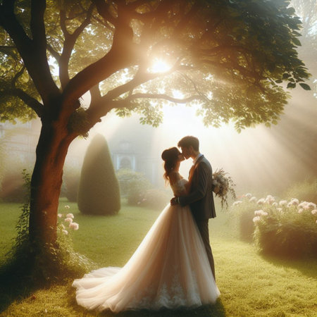Wedding couple in love. Bride and groom on the natureの素材
