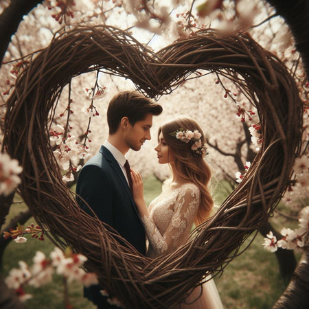 Wedding couple in love near blooming tree. Bride and groom.の素材