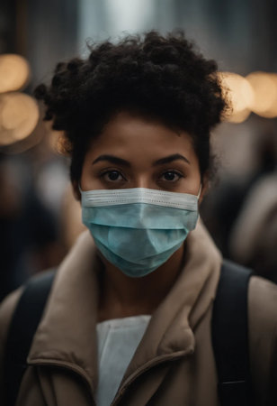 selective focus of african american woman in medical mask looking at cameraの素材