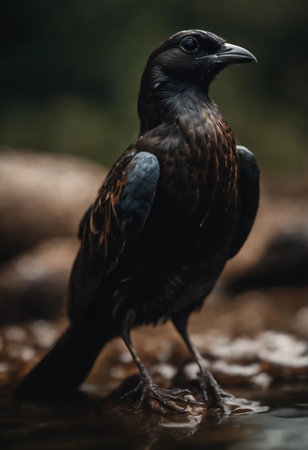 Close up shot of a Black Corvus corax bird.の素材