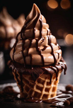 Chocolate ice cream in a waffle cup on a dark backgroundの素材