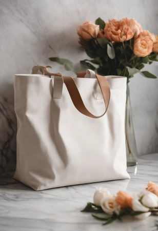 Elegant white paper bag with ribbon and flowersle tableの素材