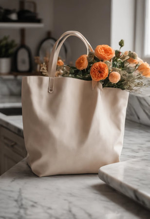 Bag with beautiful flowers on table in modern kitchen, closeupの素材