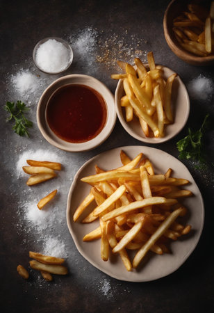 Golden French fries potatoes with salt on a black backgroundの素材