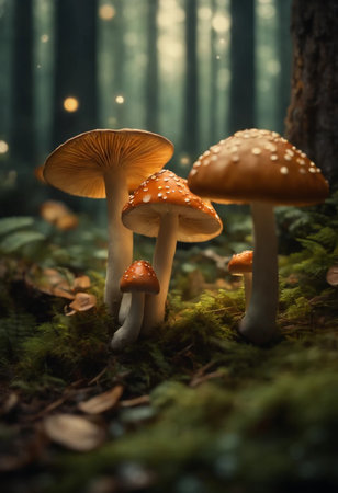 Fly agaric mushrooms in the forest. Beautiful nature scene.の素材
