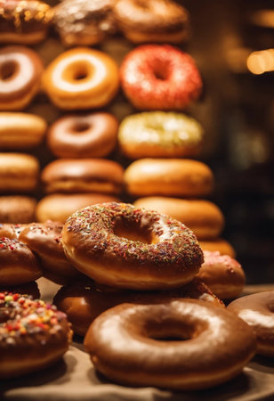 Variety of donuts on display at a bakery shop counter.の素材