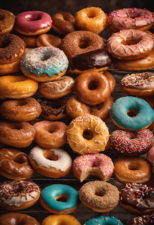 Variety of donuts on dark wooden background. Top view.の素材