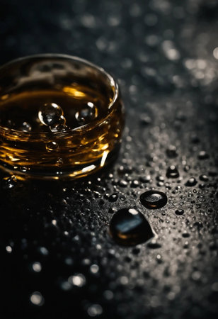 Close up of a glass of whiskey with droplets on black backgroundの素材