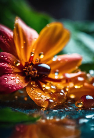 Flower with drops of water on a dark background. Close-up.の素材