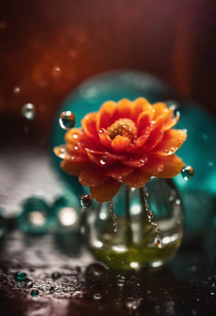 Close up of orange flower in glass vase with water drops.の素材
