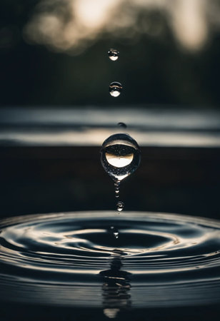 Water droplets on the surface of the water after a rain dropの素材
