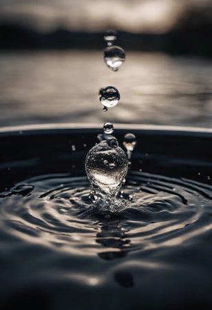 Water drop collision on a water surface. Splash effect after collision a falling drops with water Surfaceの素材
