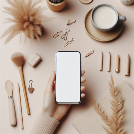 Female hand holding smartphone with blank screen and stationery on beige backgroundの素材