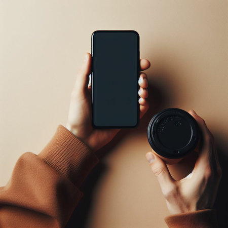Female hands holding smartphone with blank screen and coffee cup on brown backgroundの素材