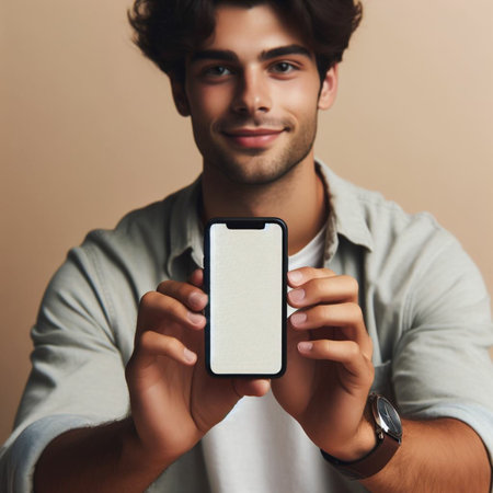 Portrait of a handsome young man holding mobile phone with blank screenの素材