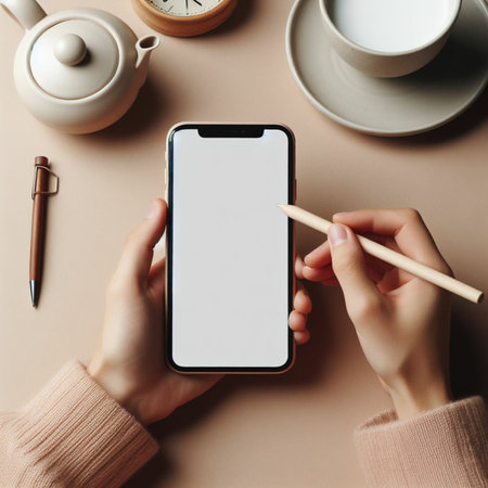 Female hands holding smartphone with blank screen and pencil on beige backgroundの素材