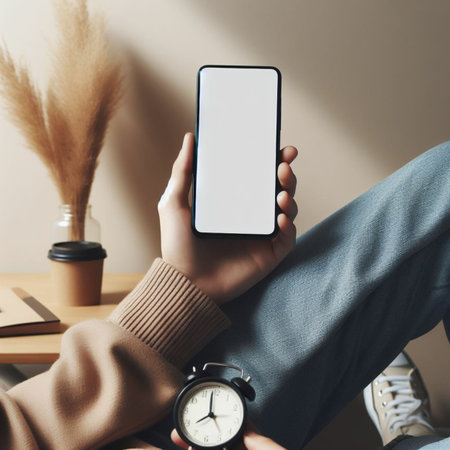 Mockup image of female hands holding smart phone with blank screen while sitting on wooden table at home officeの素材
