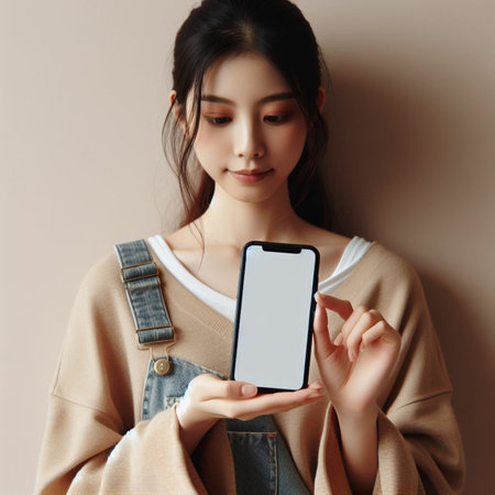 Beautiful young asian woman holding mobile phone with blank screen.の素材