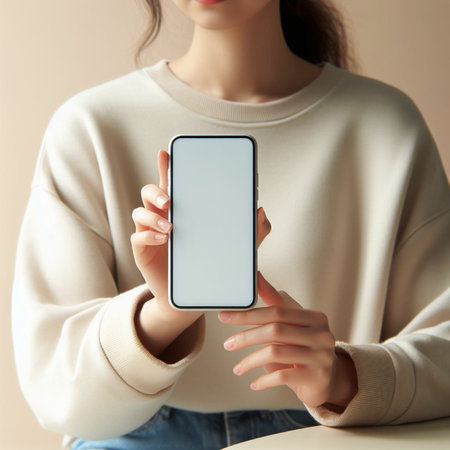 Woman holding smartphone with blank screen, closeup. Mockup for designの素材